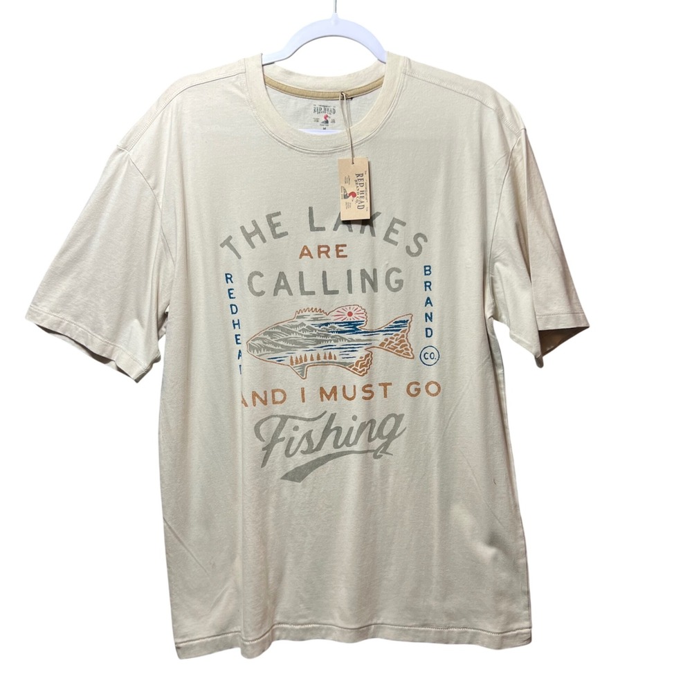 Red Head Men's Graphic T-Shirt The Lakes Are Calling Fishing Beige Cotton M‎